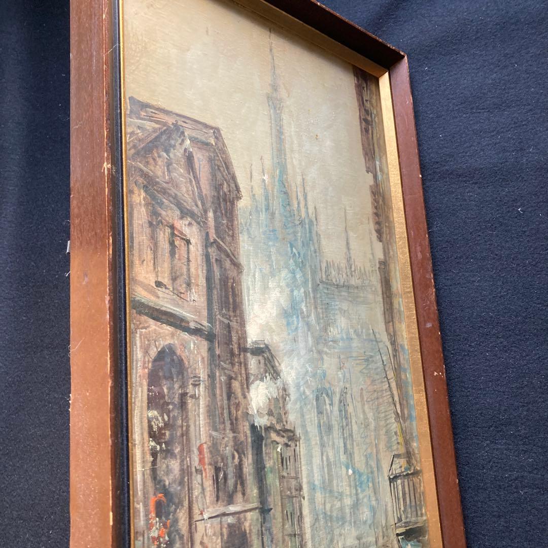 大聖堂風景 作者不詳 油絵 額61×33絵57×28cm ヨーロッパ街