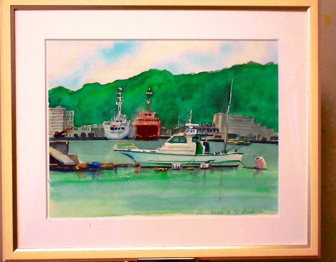 港の風景 水彩画 木製フレーム 額装済み F6号