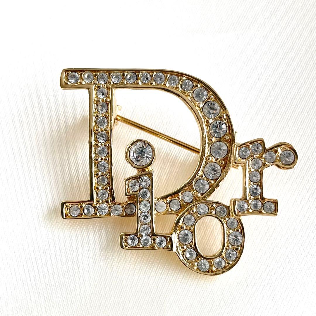 Christian Dior ゴールド ラインストーン ロゴ ブローチ