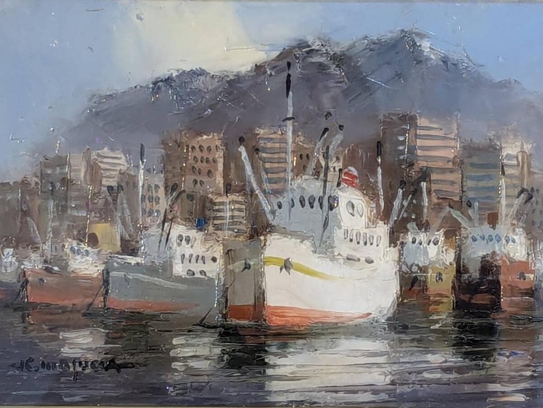 【真作】絵画　増田要人　油彩SM　港　力強いタッチ　温かみのある風景画　U96