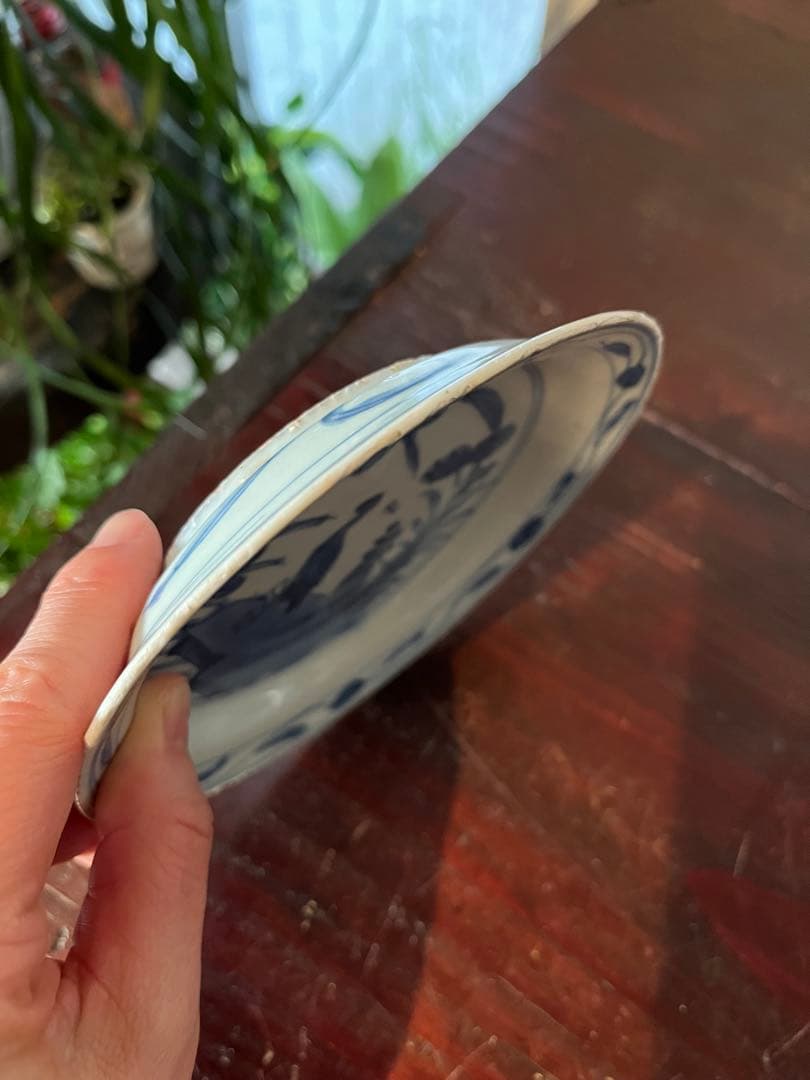 中国古玩 古染付 水辺に鳥 明 清朝期 青花 鍔皿 古伊万里