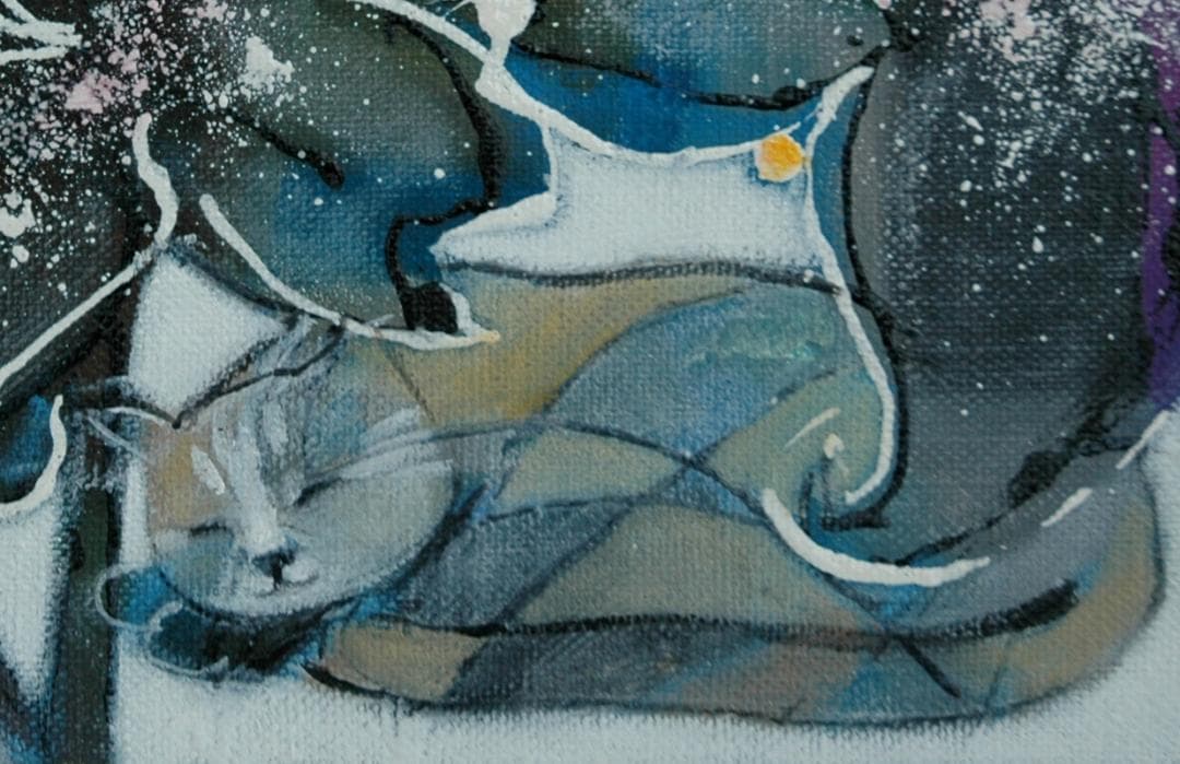 油絵 菅家令子絵 絵画インテリア額付(青緑＋金色の枠)F4-050620猫の昼寝