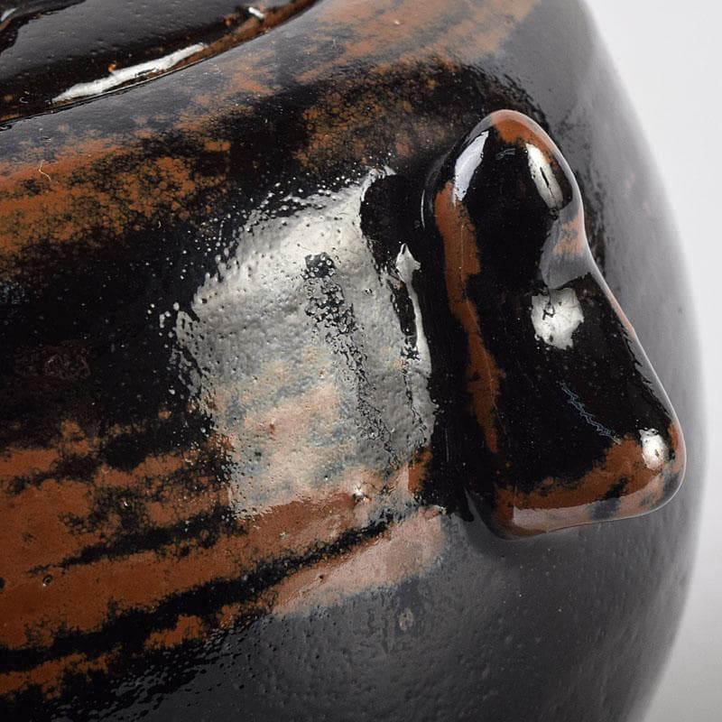 人間国宝 濱田庄司作 黒釉 双耳香炉 蓋付香炉 共箱 M