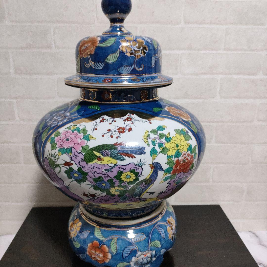 有田焼 古許窯 菊水作 孔雀雉絵図 沈香壺 飾壺 高さ50cm