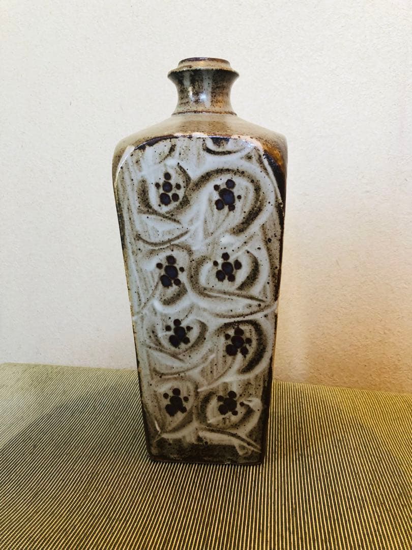 益子焼　人間国宝　島岡達三　象嵌方瓶　角花瓶　28cm