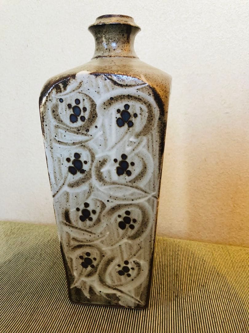 益子焼　人間国宝　島岡達三　象嵌方瓶　角花瓶　28cm