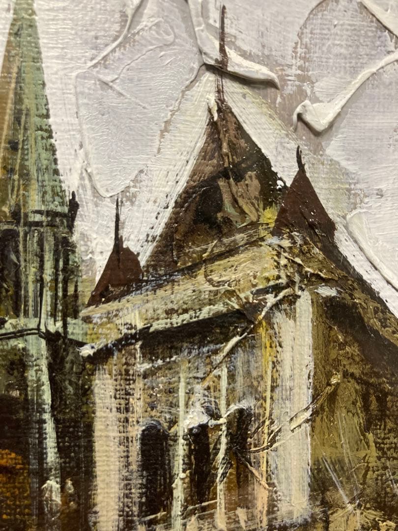 油彩　油絵　寺院の見える街　[竹内敏彦] サイン有　美術年鑑掲載作家　SM号