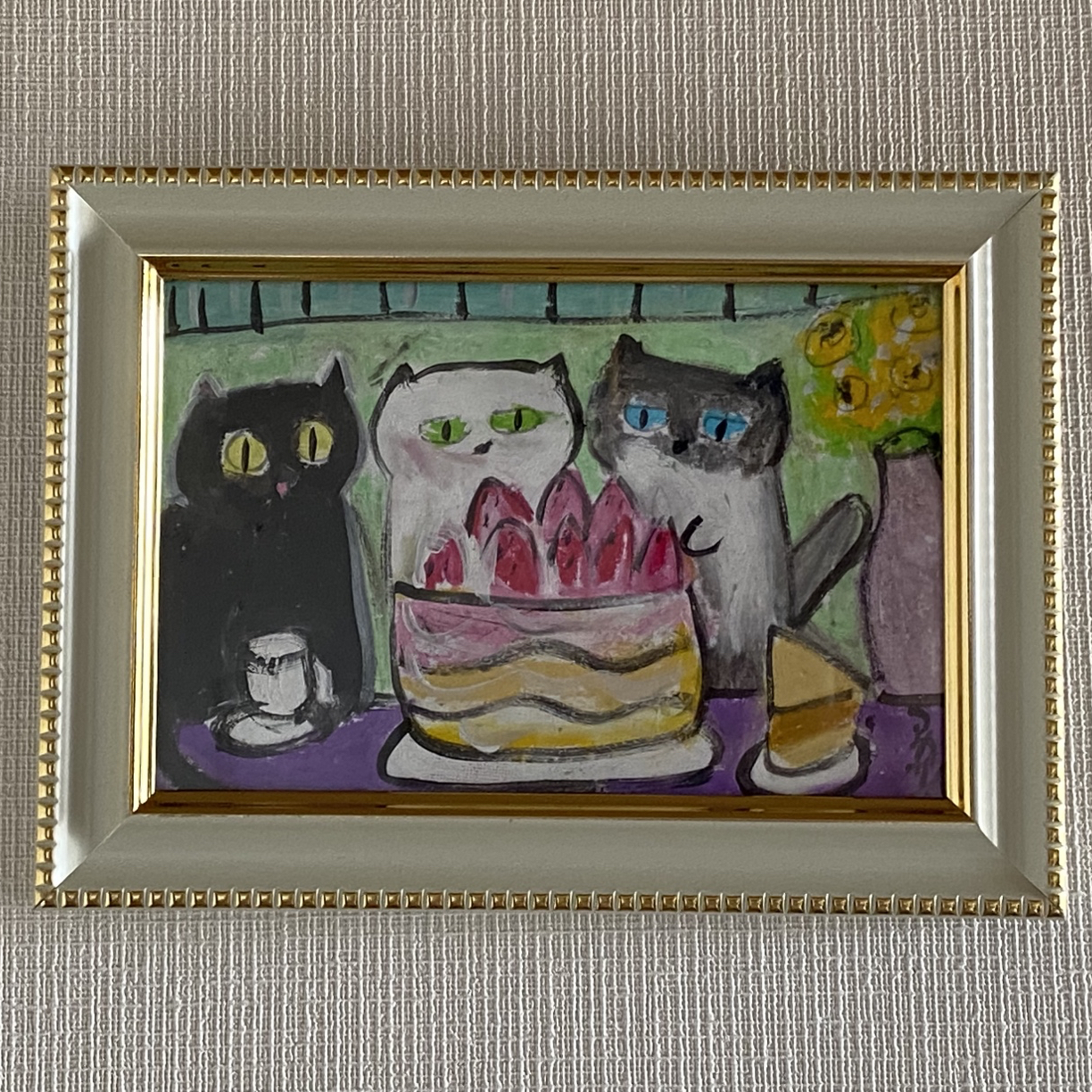 絵画 。壁掛け絵原画手描き【かわいい猫たちの楽しいワインパーティー】