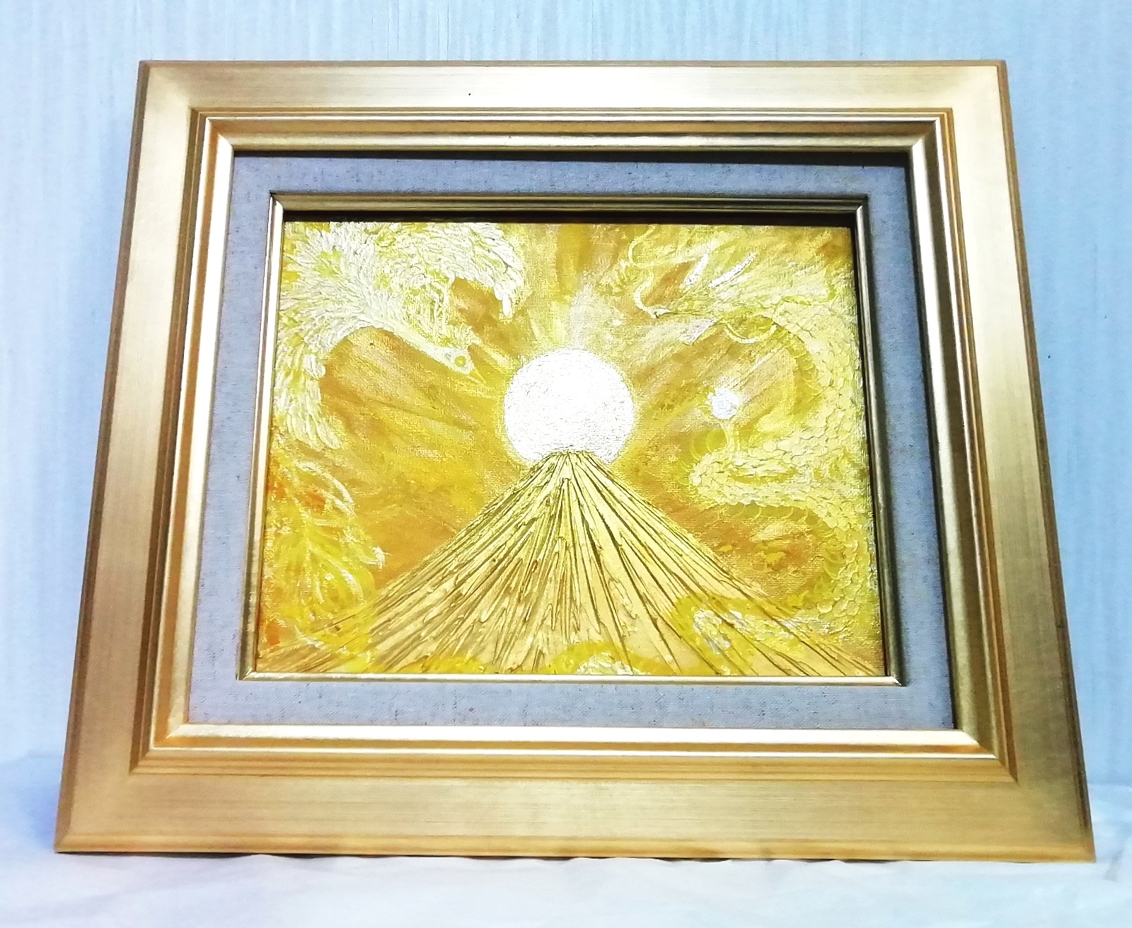 完売 風水開運黄金絵画＊金箔陽光 黄金昇龍と鳳凰日の出金富士 金運