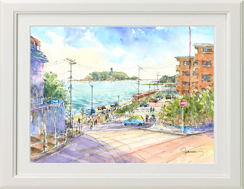 注文制作します 水彩画原画 江の島・七里ケ浜坂道から ＃47