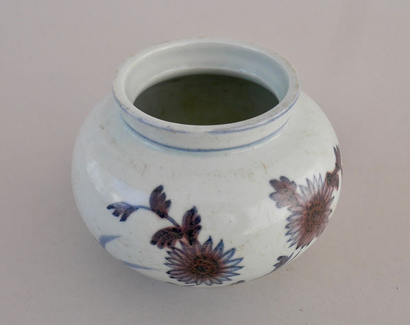 朝鮮美術 陶磁器 | 李朝白磁染付辰砂枝菊文丸壺 | gallery陽々youyou