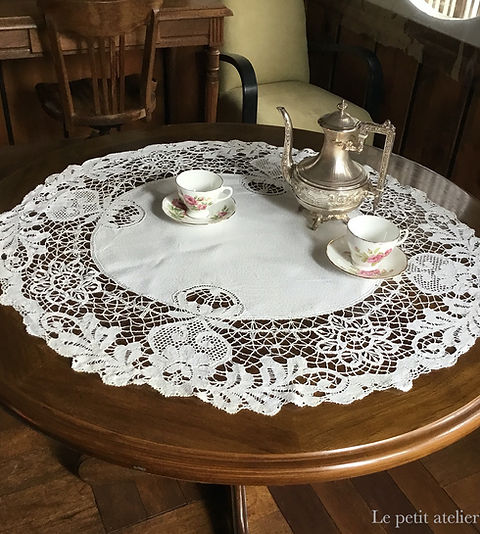 楕円) フランス アンティーク リネン ダマスク織 ボビンレース