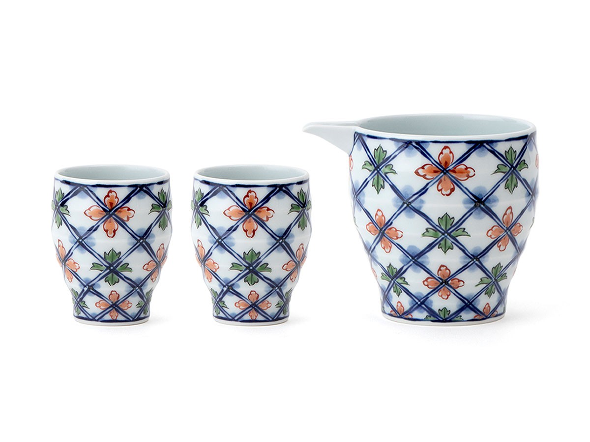 源右衛門窯 染錦格子花紋 酒器 / げんえもんがま 染錦格子花紋 酒器