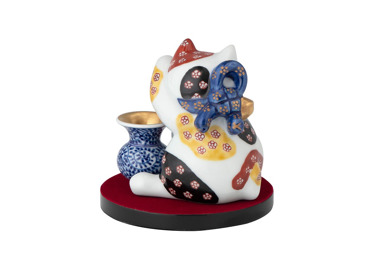 源右衛門窯 染錦結び梅地紋 猫置物 / げんえもんがま 染錦結び梅地紋