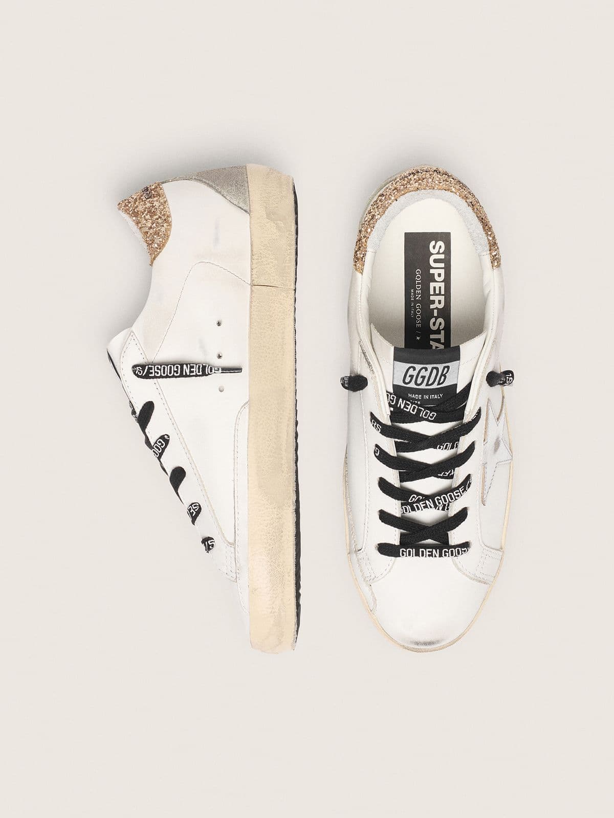 Super-Star スニーカー ホワイト レザー グリッターヒールタブ