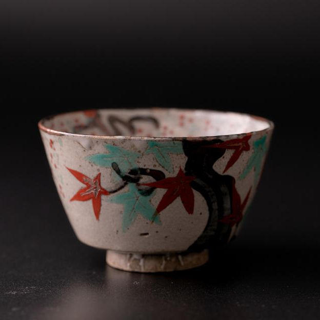 茶碗□犬山焼 白釉粉引き 秋桜絵（江戸期）古いお茶道具 仕覆、桐箱