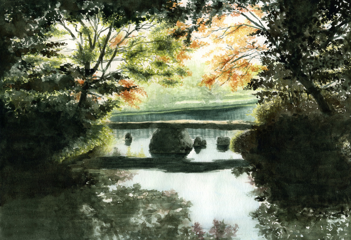 水彩画 作者不詳 橋のある風景(仮題) 額48×55絵29×35cm ￼ 水彩画 作者