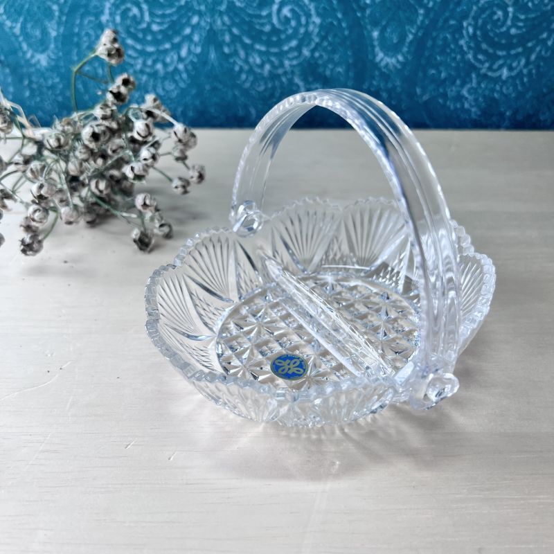 希少 切子 クリスタル カット ガラス バスケット 鉢 オブジェ 置物
